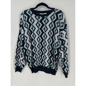 80s Vintage Sweater Mens Medium Green Geometric Grandpa Artsy Abstract Retro